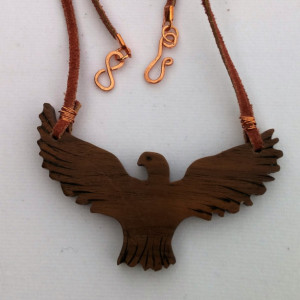 Handcrafted Walnut Eagle Necklace on Leather Cord