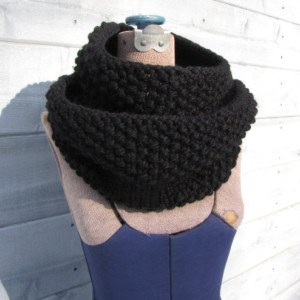 Black Chunky Knit Infinity Scarf - Handmade Warm Soft Winter Circle Scarf or Cowl - Acrylic or Wool
