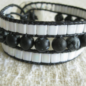 Leather beaded cuff bracelet in black and white Wrap bracelet, designer look