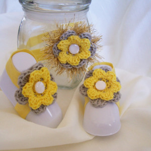 Crochet Flower Bare Foot Sandal, Toe Blooms, Headband Newborn Set - Hot Pink, Black