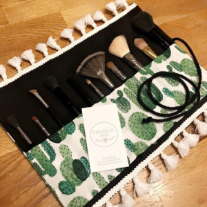 Cactus Green and Black Makeup Brush Roll Case with White Tassel Trim