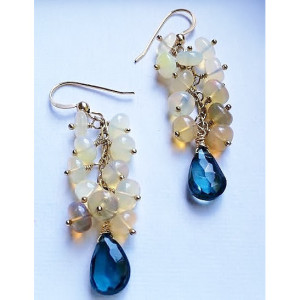 October: Glowing Opal & London Blue Topaz Gold Dangle Earrings
