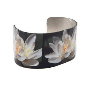 Photo cuff bracelet, aluminum, Wondrous Water Lily, fine art for your wrist, HueDew