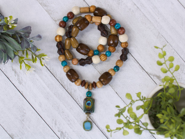 Turquoise, Blue and Wood Necklace, Earthy Tones, Peacock Pendant Necklace