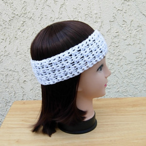 Women's Solid White Summer Headband, Lightweight 100% Cotton Lacy Lace Crochet Knit Boho Festival Beach Hippie Head Band, Ready to Ship in 2 Days