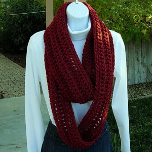 Long Dark Red INFINITY SCARF Loop Cowl,Dark Solid Red Extra Soft Bulky Warm Crochet Knit Winter Eternity Circle, Neck Warmer..Ready to Ship in 3 Days