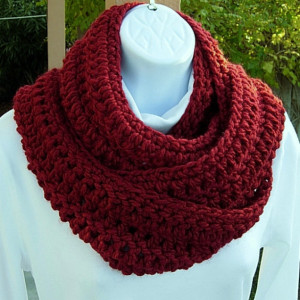 Long Dark Red INFINITY SCARF Loop Cowl,Dark Solid Red Extra Soft Bulky Warm Crochet Knit Winter Eternity Circle, Neck Warmer..Ready to Ship in 3 Days