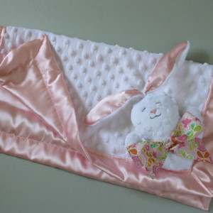 White Minky Bunny Rabbit Security Blanket, Lovey Blanket, Satin, Baby Blanket, Stuffed Animal, Baby Toy - Customize Color