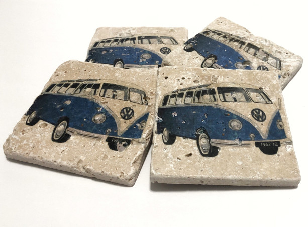 Blue VW Bus, Natural Stone Coasters, Set of 4, Full Cork Bottom, Volkswagen Bus, Vintage Bus, Rustic Decor, Travertine