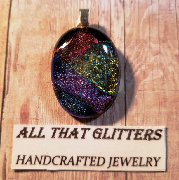 Dichroic Handmade Fused Glass Pendant, Purple, Orange, Gold, Blue, on Black Glass