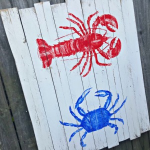Large Handcrafted Distressed Reclaimed Wooden Nautical Red Lobster Blue Crab Sign