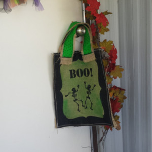 Green Painted printed burlap trick or treat Halloween bags
