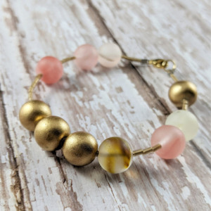 The Antoinette | handmade matte cherry quartz bracelet, gold wood beads, frosted gold, Gifts for Her