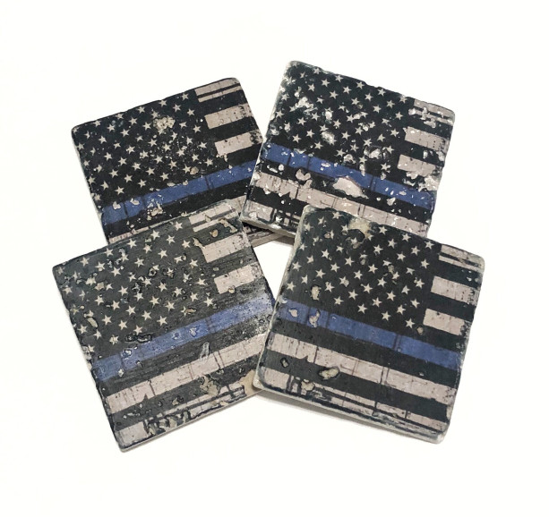American Flag with Blue Line Natural Stone Coasters, Set of 4 with Full Cork Bottom