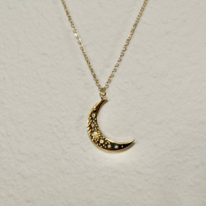 Gold Filled Necklace, Crescent Moon, Opal Necklace, Shiny Gold