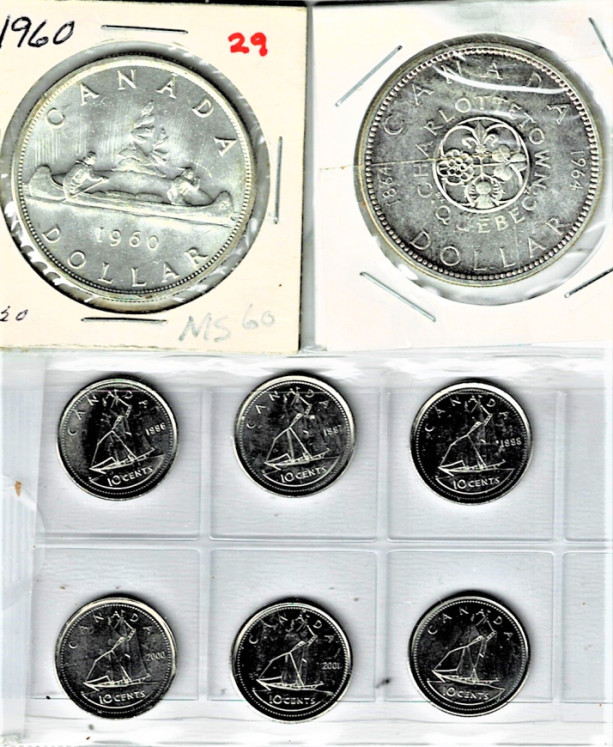 EXQUSITE PAIR OF  CANADAIN SILVER DOLLARS/6  FREE MINT CANADAIN DIME 1988-2000