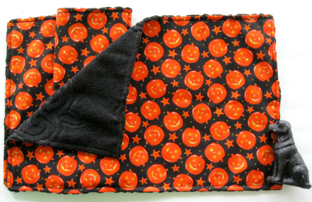 Halloween handmade reversible placemats: set of 2; pumpkin print and black terry table linens