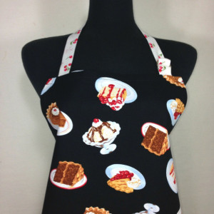 Retro Kitchen Apron for Women , Cherry Desserts on Black with matching ruffle , Pin up girl
