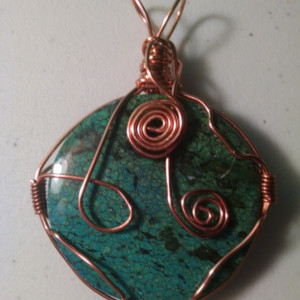 Round Green Feldspath Stone wrapped in Copper Pendant