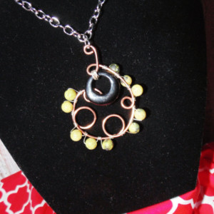 Wire Wrapped Necklace, Natural Copper, Black Agate and Cat's Eye Pendant