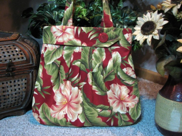 Red Floral Fabric Hobo Handbag with zippered pocket