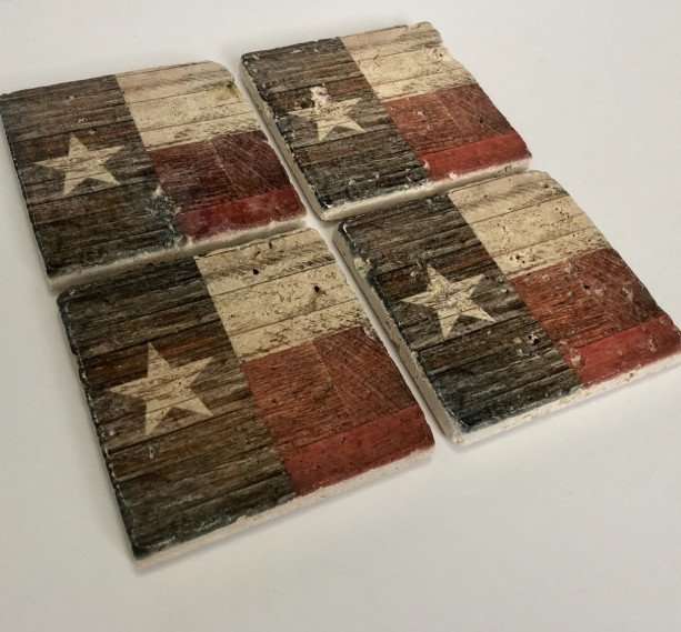 Rustic Texas State Flag Natural Stone Coasters, Set of 4 with Full Cork Bottom
