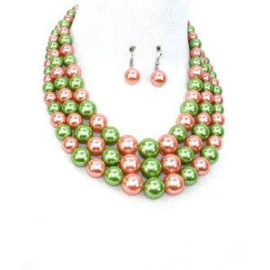 Pink and Green Pearl Alpha Kappa Alpha Inspired Multi strand Necklace Set 