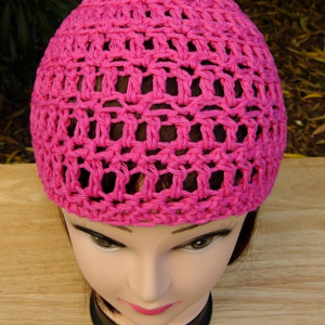 Solid Hot Pink Summer Beanie, 100% Cotton Lacy Skull Cap, Women's Crochet Knit Dark Pink Hat, Raspberry Chemo Cap, Ready to Ship in 3 Days