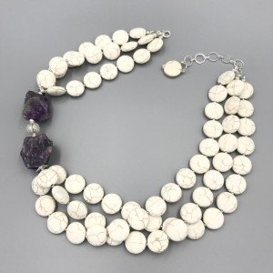 Chunky White Howlite Statement Necklace, White Chunky Necklace, Bead Necklace, Amethyst Necklace, MultiStrand Necklace, White Stone Necklace