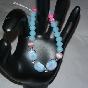 Blue & White Wave Glass Bead & Pink Cats Eye Gemstone w/Lava Stone Diffuser Bracelet