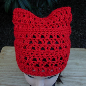 Women's Bright Lipstick Red Pussy Cat Hat, Summer Lacy PussyHat Lightweight Soft Acrylic Crochet Knit Solid Red Thin Beanie, Resist, Ready to Ship in 3 Days
