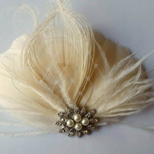 Wedding Hair Facsinator, Bridal Facsinator, Feather Fascinator, French Net, Rhinestones, Pearls, Bridesmaid Accessory, Ivory Fascinator