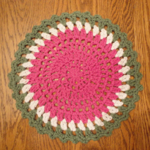 CROCHETED WATERMELON DOILY in Hot Pink, White and Green - 11 1/2" in diameter - Great for Spring & Summer! 100% Cotton