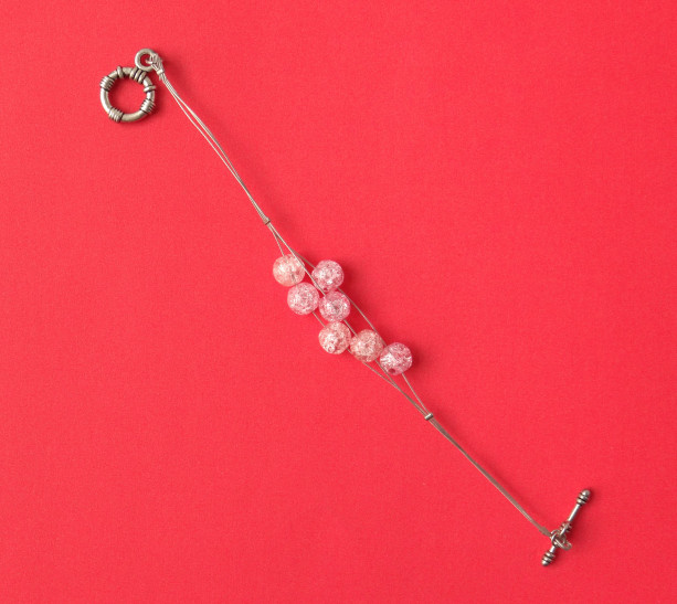 Pink crackle glass bead bracelet, Three strand tiger tail bracelet