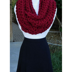 Large Dark Solid Red INFINITY SCARF Crochet Loop, Oversized Cowl, COLOR Options, Bulky Chunky Wide Soft Wool Blend Knit Winter Circle Big Cranberry Red Scarf, Ready to Ship in 5 Business Days