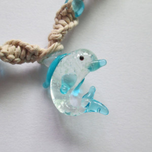 Handmade Natural Hemp Necklace with Awesome Blue Glow Glass Dolphin Pendant and Matching Blue Glass Beads- Beach Hemp Necklace