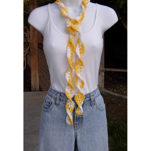 Yellow and White Skinny SUMMER SCARF Small 100% Cotton Spiral Twisted Crochet Knit Narrow Lightweight Curly Women's Scarf, Ready to Ship in 3 Days