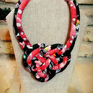 Red & Black Fabric Double Strand knot Necklace, Boho Fabric Jewelry, Tribal Jewelry, Boho Fabric Necklace, Tribal Double Strand Necklace