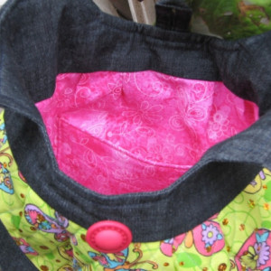 Lime and pink butterfly quilted hobo style handbag with denim top