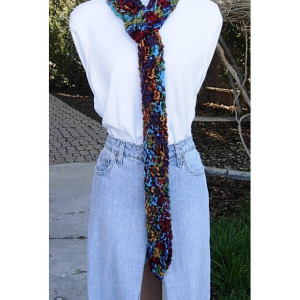 Women's Colorful Extra Long Skinny Scarf, Red Burgundy Gold Green Purple Turquoise Blue, Soft Thick Handmade Crochet Knit Narrow, Ready to Ship in 3 Days
