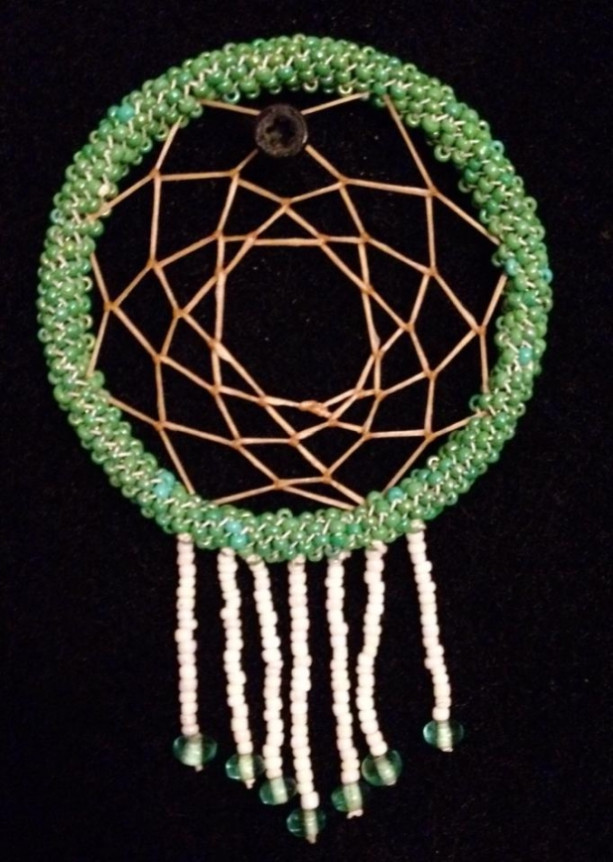 Green and White Dream Catcher with Beaded Fringe