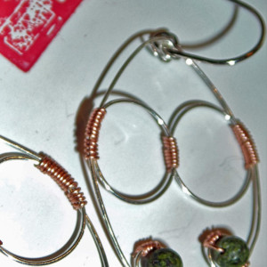 Drop Earrings, Wire Wrapped, Sterling Silver, Copper, Russian Serpentine