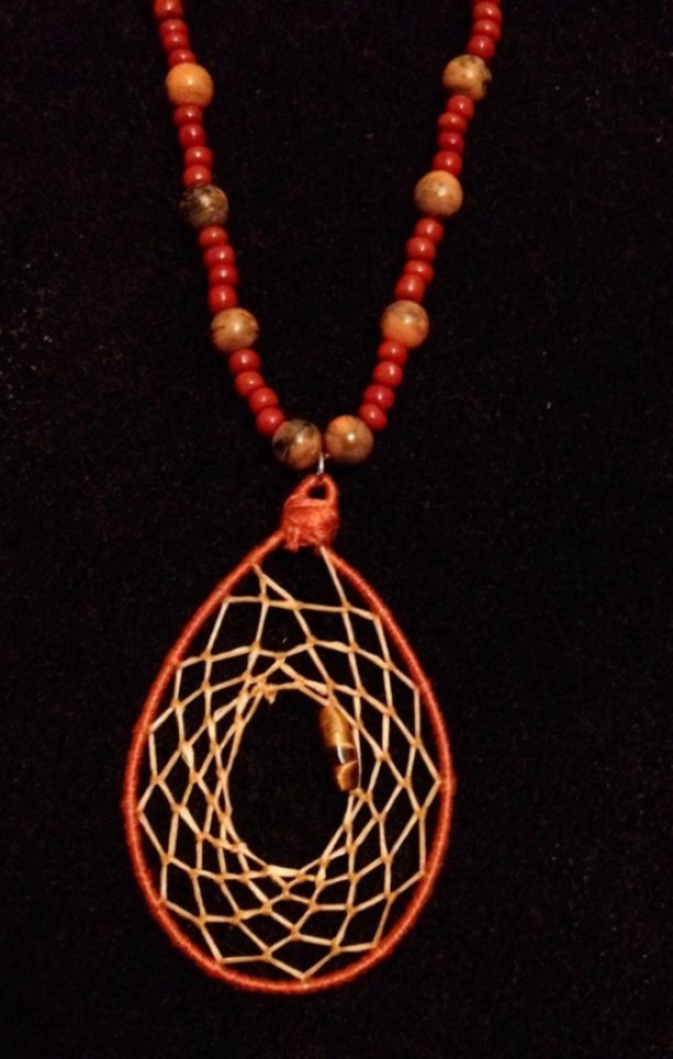 Polished Wood and Bead Dream Catcher Necklace