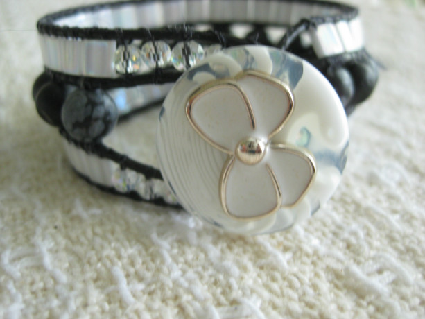 Leather beaded cuff bracelet in black and white Wrap bracelet, designer look