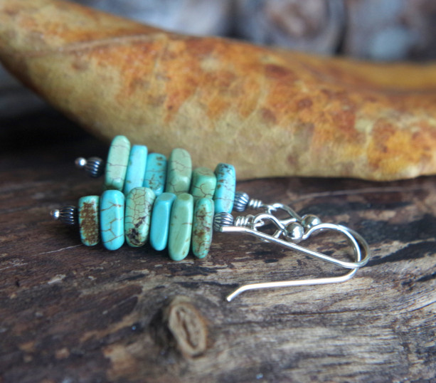 Rustic turquoise magnesite and sterling silver stack earrings - Mineral earrings - Southwest autumn - aqua, turquoise, pale green