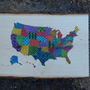 Wood Burned US Map- Patterned and Multicolored United States Map