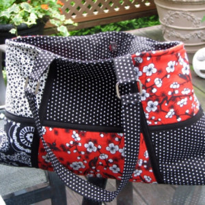 Red White and Black Floral Multifabric Handbag