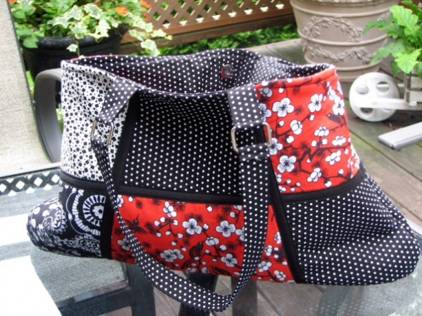 Red White and Black Floral Multifabric Handbag
