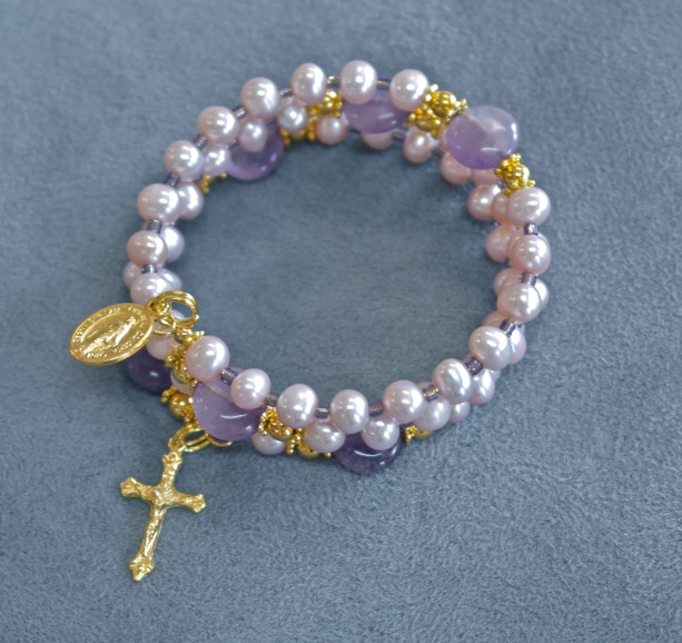 Child's Rosary Bracelet of Freshwater Pearl and Amethyst 