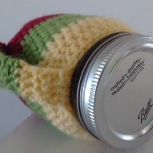Rasta Striped Crochet Mason Jar Cozy with handle - pint size/16 oz - mason jar included